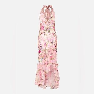 Camilla Bias Silk Halter dress with ruffle hem Floral Pink Maxi Medium